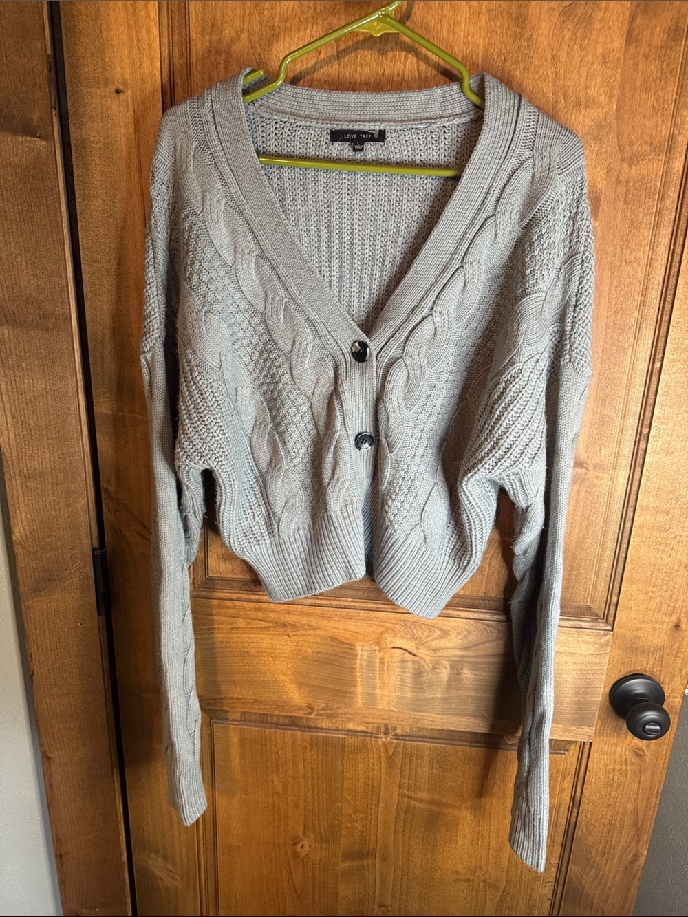 Love Tree Light Gray Cable Knit Cropped Button Cardigan